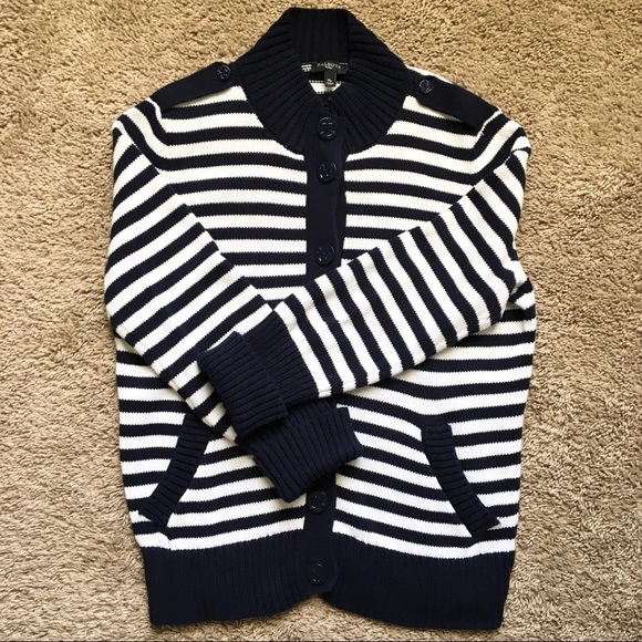 Talbots Women's Mock Neck Nautical Striped Button Up Sweater - Picture 3 of 12